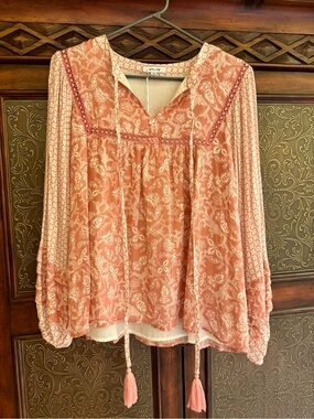Boho Pink Paisley Peasant Blouse with Tassel Ties